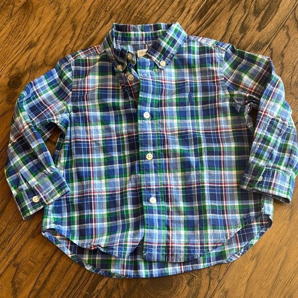 Ralph Lauren Blue and Green Plaid Button-Up Collared Kids Shirt
